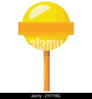 a vector illustration of a shiny yellow lollipop with an orange stripe around its center. It is mounted on a stick that has a gradient of orange Stock Vector