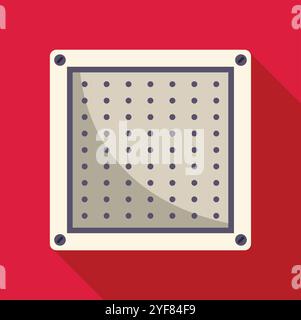 Perforated panel with small holes forming a grid pattern, attached with screws on a vibrant red background, creating a contrasting and industrial aesthetic Stock Vector