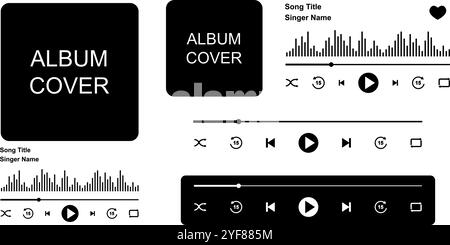 Music player screen with album cover window, buttons, progress loading bar and sound wave. Audioplayer or audiobook menu widget templates isolated on white background. Vector graphic illustration. Stock Vector