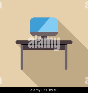 Simple yet stylish office desk features a computer monitor glowing with a vibrant blue screen, perfect for representing productivity and modern workspaces Stock Vector