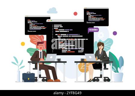 Man and woman programmer writing code on laptop together. Vector illustration Stock Vector