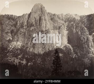 The Sentinel, Yosemite photographed by Carleton Watkins in 1861. He was a pioneer of large format landscape photography using a huge camera which used 18x22 inch glass negatives. His favourite loaction was Yosemite Vallley in Califonia and his photos of the valley were a big factor in the US government's decision to preserve it as a national park. Stock Photo