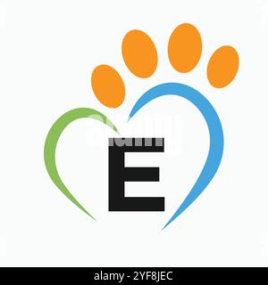 Letter E Pet Logo Design Concept With Paw and Heart Symbol Vector Stock Vector