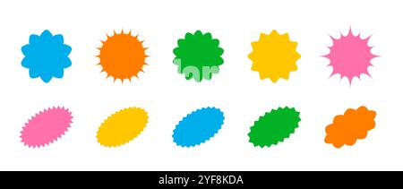 Starburst price. Round and oval sunburst labels and buttons. Simple icon for promotion design. Trendy Y2K style. Vector illustration. Colored icons on Stock Vector