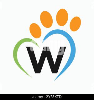Letter W Pet Logo Design Concept With Paw and Heart Symbol Vector Stock Vector