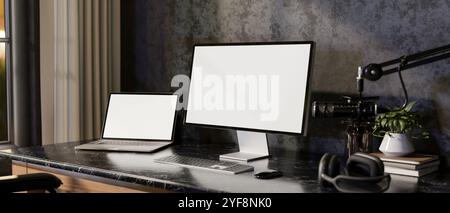 A modern loft podcaster office workspace featuring multiple screens from a laptop and a computer, headphones, and a microphone on a black table. 3d re Stock Photo