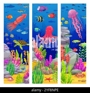 Underwater sea wildlife banners with octopus, puffer fish, angler and ...