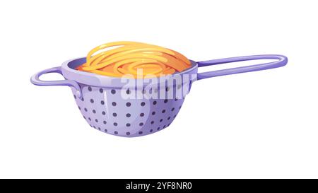 Pasta strainer with spaghetti for water draining and cooking process, vector icon. Colander or cullender and sieve or strainer for pasta, kitchen utensil or appliance for food preparation Stock Vector