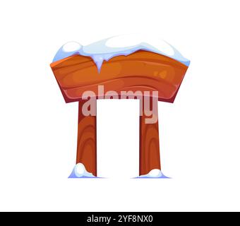 Wooden sign board in winter snow for Christmas holiday, vector cartoon signpost, cartoon vector. Christmas sign board or Santa North Pole signboard arch on poles for Xmas or New Year holiday greeting Stock Vector