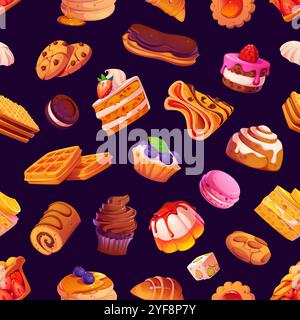 Cartoon confectionery and sweet pastry seamless pattern. Textile seamless background, wrapping paper vector print or backdrop with cake, pancakes and waffle, cupcake, pudding and cookie pastry dessert Stock Vector