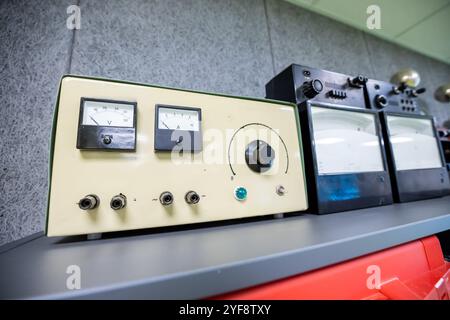 A device for volts and amperes. Indoor electrical control panel. Indoor electrical current control panel. Stock Photo