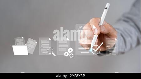 Concept checklist online survey business Efficient document form project management, evaluation, auditing, quality control standards check mark isocer Stock Photo