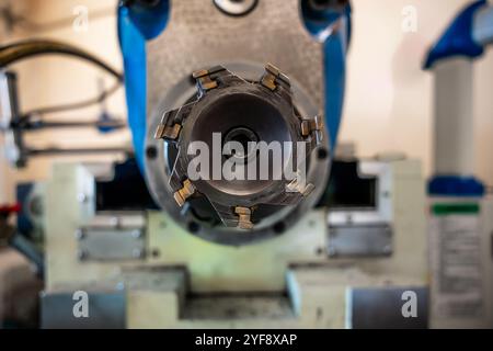 Metalworking CNC milling machine. Cutting metal modern processing technology. Stock Photo