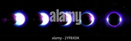 Moon phases gradually cover solar disc. Celestial eclipse progression on starlit background. Luminous sun creates glowing corona effect. Realistic 3d natural phenomenon in five sequential stages. Stock Vector
