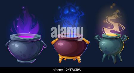 Magic cauldrons with mysterious glowing potion and smoke. Halloween pots made from dark metal with mystical purple flames, ghostly blue spirit, enchanted yellow vapor. Spooky gaming interface asset. Stock Vector