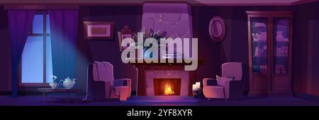 Night cozy interior illuminated by burning fireplace and moonlight through curtained window. Dark empty living room with tea pot and cups on table, soft armchairs and bookcase, vase with plants. Stock Vector