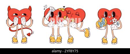 Retro groovy heart cartoon character icon set. Vintage y2k valentine day mascot element with gift. Smile patch art for couple. 90s party trippy and psychedelic graphic emoticon. Hippy love sticker Stock Vector