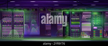 Modern data center room interior illuminated by green neon lighting effects. Server racks with bright indicators, monitoring panels, cooling ventilation systems and cables. Cyberpunk network equipment Stock Vector