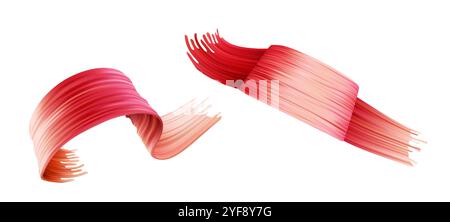 Dynamic red ribbons creating fluid brushstroke effect. Abstract digital design elements with gradient texture. Curve acrylic paint brush stroke. Realistic 3d vector set of liquid wave splatter. Stock Vector