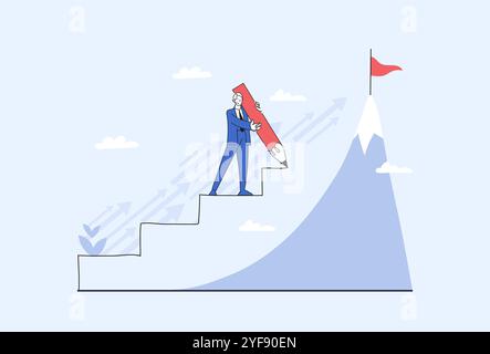 Concept of achieving goal, businessman creates way to mountain top, overcoming obstacles and innovation, motivation, growth and career. Vector sketch Stock Vector