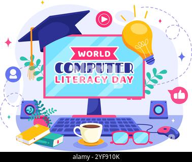 World Computer Literacy Day Vector Illustration on December 2, Featuring Books and Media Equipment to Promote Education in a Flat Style Background Stock Vector