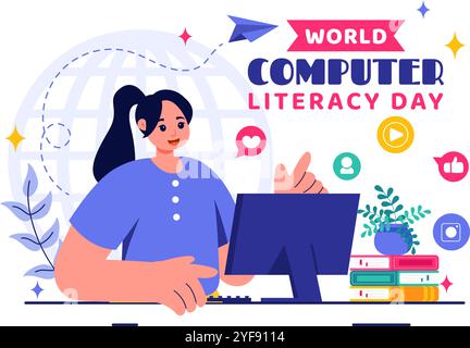 World Computer Literacy Day Vector Illustration on December 2, Featuring Books and Media Equipment to Promote Education in a Flat Style Background Stock Vector