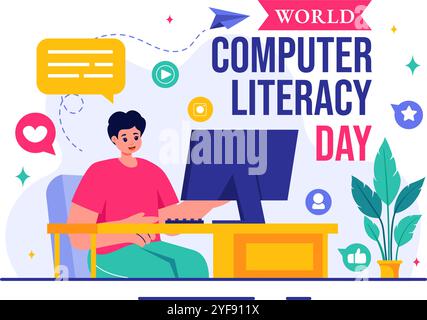 World Computer Literacy Day Vector Illustration on December 2, Featuring Books and Media Equipment to Promote Education in a Flat Style Background Stock Vector