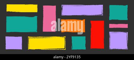 Box brush frame rough shape set. Text box frame rough grunge square paint shape element. Hand drawn crayon grunge brush rectangle text border. Vector illustration Stock Vector