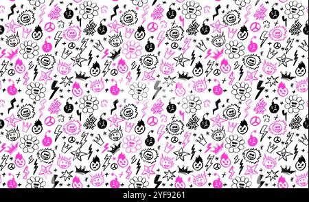 Grunge rock seamless pattern with doodle elements. Wax pencil drawing face with tongue out, cartoon thunderbolt like children drawing and other rock n Stock Vector