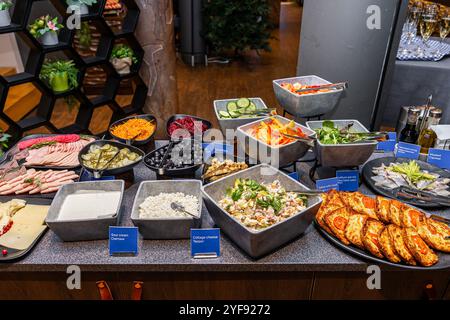 Diverse Salad Bar Options with Fresh Ingredients in hotel Stock Photo