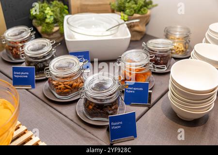 Continental Breakfast Buffet with Assorted Cereals and Dried Fruits in hotel Stock Photo