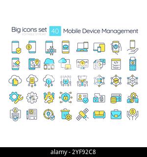 Mobile device management RGB color icons set Stock Vector