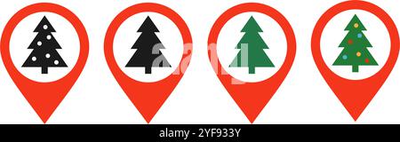Christmas location icon. Christmas tree and map pin. Xmas market sign. Holiday place red symbol. Vector illustration isolated on white background Stock Vector