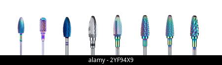 array of professional colorful nail drill bits in various shapes and sizes for manicure and pedicure services, isolated on white background Stock Photo