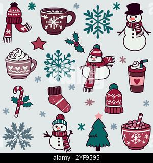 A collection of icons with a winter theme including snowflakes, snowmen and cups of hot chocolate, a Christmas tree and a Christmas lollipop Stock Vector