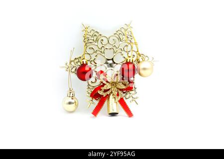 Red and gold Christmas balls and star. Christmas tree decorations. Christmas toys. Photo on white background Stock Photo