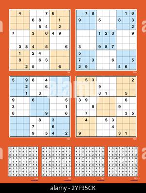 Sudoku set n.74 MK II. Rotational symmetry 180°. Moderate. 28, 26, 24, 22 clues. Advanced rating based on the analysis of six different solving paths. Stock Vector