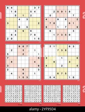 Sudoku set n.57 MK II. Reflexive symmetries. Very easy, easy, moderate, hard. 28, 26, 24, 22 clues. Advanced rating based on six solving paths. Stock Vector