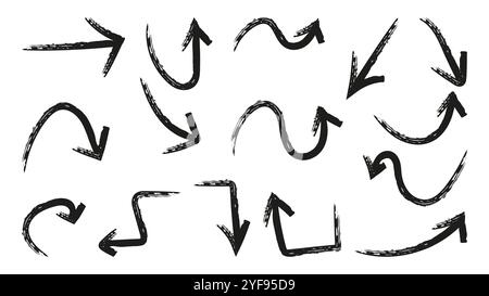 Arrows drawn with brushes for infographic design. Straight curved circular multidirectional. Graphic element used in different projects. Vector illustration. Stock Vector