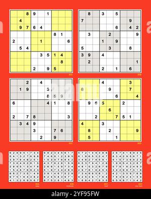 Sudoku set n.80 MK II. Sym 180°. Easy, moderate, hard, very hard. 23, 24, 24, 23 clues. Advanced rating based on the analysis of six solving paths. Stock Vector