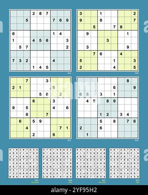 Sudoku set n.66 MK II. Symmetry 180°. Very easy (A/C), easy (B/D). 25, 23, 24, 22 clues. Advanced rating based on the analysis of six  solving paths. Stock Vector