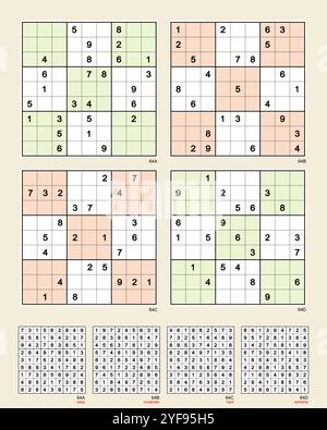 Sudoku set n.64 MK II. Sym 180°. Easy, moderate, hard, extreme. 26, 25, 24, 23 clues. Advanced rating based on the analysis of six solving paths. Stock Vector