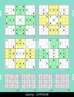 Sudoku set n.78 MK II. Reflexive symmetries. Very easy, easy, moderate, hard. 29, 27, 27, 25 clues. Advanced rating based on six solving paths. Stock Vector