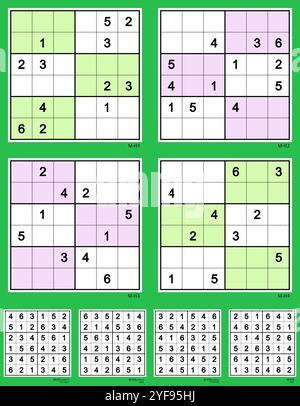 Mini-Sudoku vector set 08 MK II. Rotational symmetry. Very easy, easy, moderate, hard. 12, 12, 10, 10 clues. Stock Vector