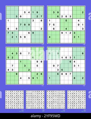 Sudoku set n.72 MK II. 180°. Very easy, easy, moderate –, very hard. 25, 24, 23, 22 clues. Advanced rating based on the analysis of six solving paths. Stock Vector