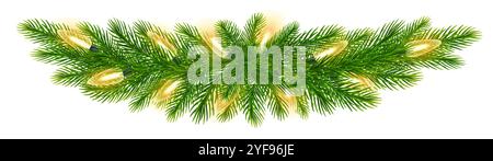 Realistic fir tree branches with glowing sparkling Christmas lights decoration. Vector Christmas decor for carnival party, New Year holiday event Stock Vector