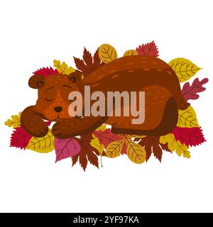 Cute bear sleeping on a pile of autumn leaves character Stock Vector