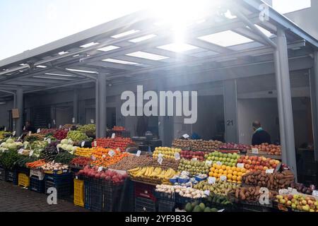 Fruits and vegetables at the covered central market of Athens capital of Greece on 12 January 2023. Fruits et legumes du marche couvert des Halles Mun Stock Photo