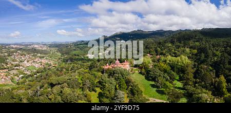 The Monserrate Palace in Sintra. Aerial drone panorama of Famous place in Portugal Stock Photo