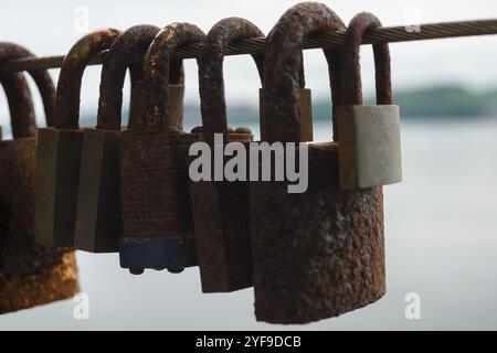 A close-up of several rusty padlocks attached to a wire cable, overlooking a body of water. The padlocks are weathered and worn. Stock Photo